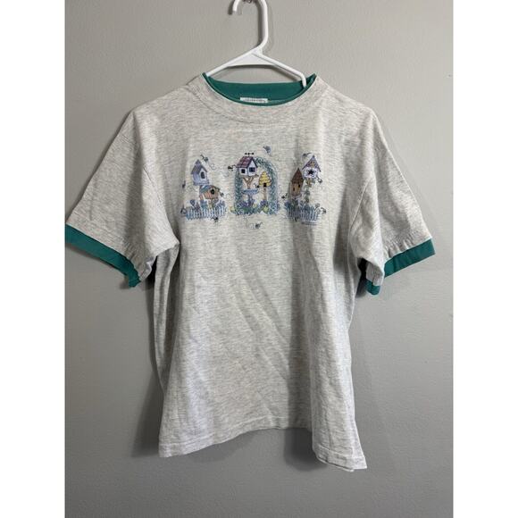 Morning Sun Tops - Vintage Morning Sun Grandma Cottage Bee Birdhouses Floral T Shirt Large Gray‎